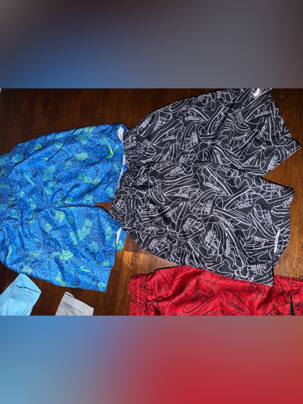 Nike Kids Athletic Shorts Trio- Black, Red & Blue Patterned